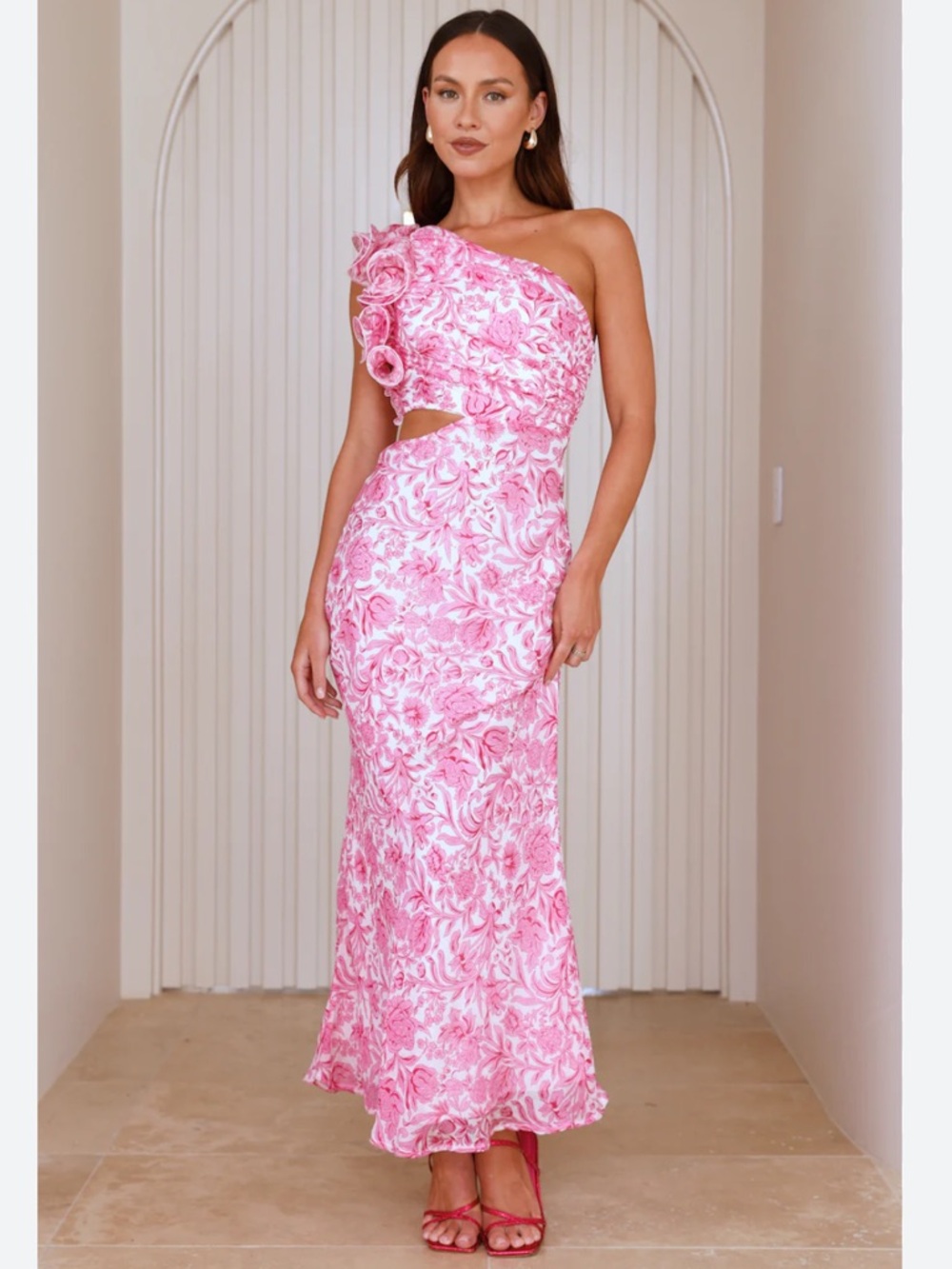 Hello Molly Rush Pink One-Shoulder Floral Maxi Dress